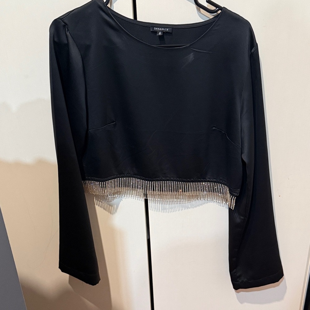 NWOT Dynamite Black Long Sleeve Blouse with Fringe